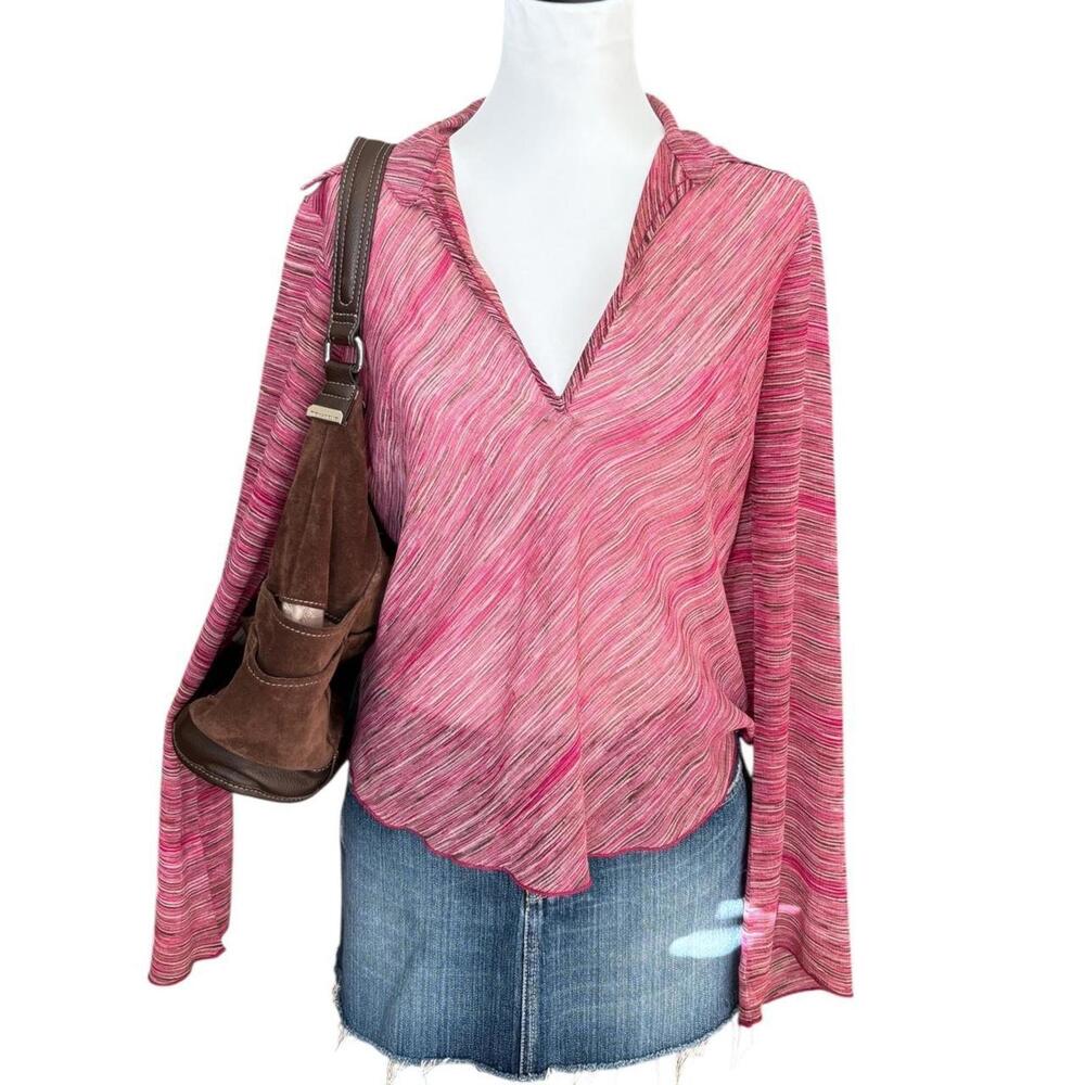 y2k XOXO pink and brown long sleeve sheer blouse with billowy sleeves